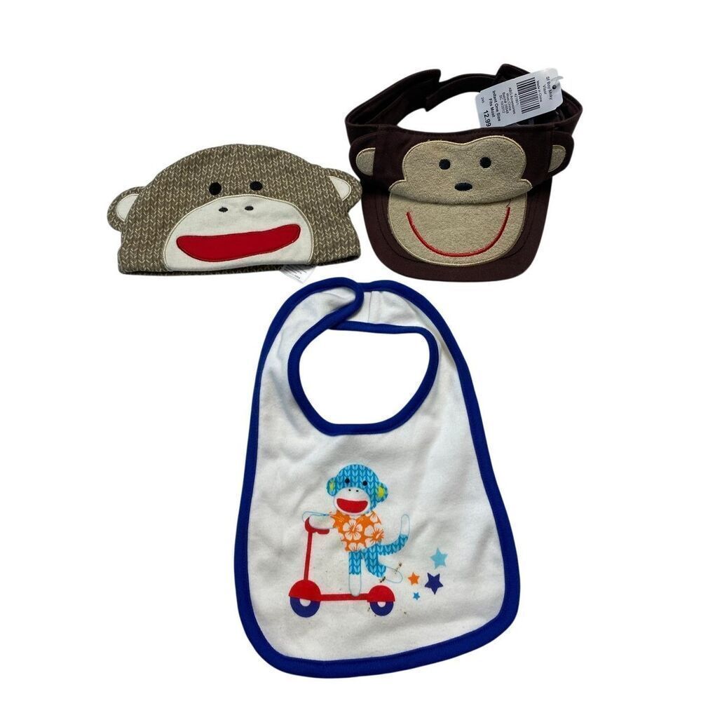 Baby Starters Baby Infant Bib Visor Monkey Face Hat 3 Pack Set Safari